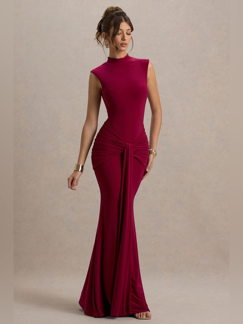 Club L London Graziana Burgundy High-Neck Gathered Draped Maxi Dress Formal